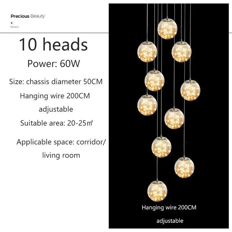 Modern Glass Ball Dimmable Chandelier for Staircase - 10 heads / Silver / Transparent