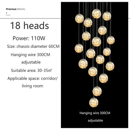 Modern Glass Ball Dimmable Chandelier for Staircase - 18 heads / Golden / Amber - Home &