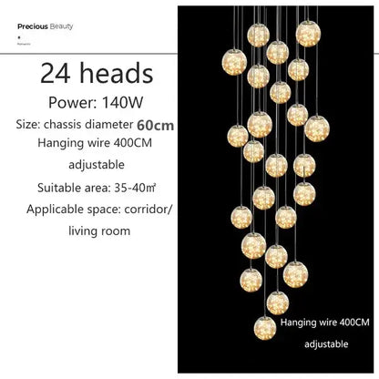 Modern Glass Ball Dimmable Chandelier for Staircase - 24 heads / Silver / Amber - Home &