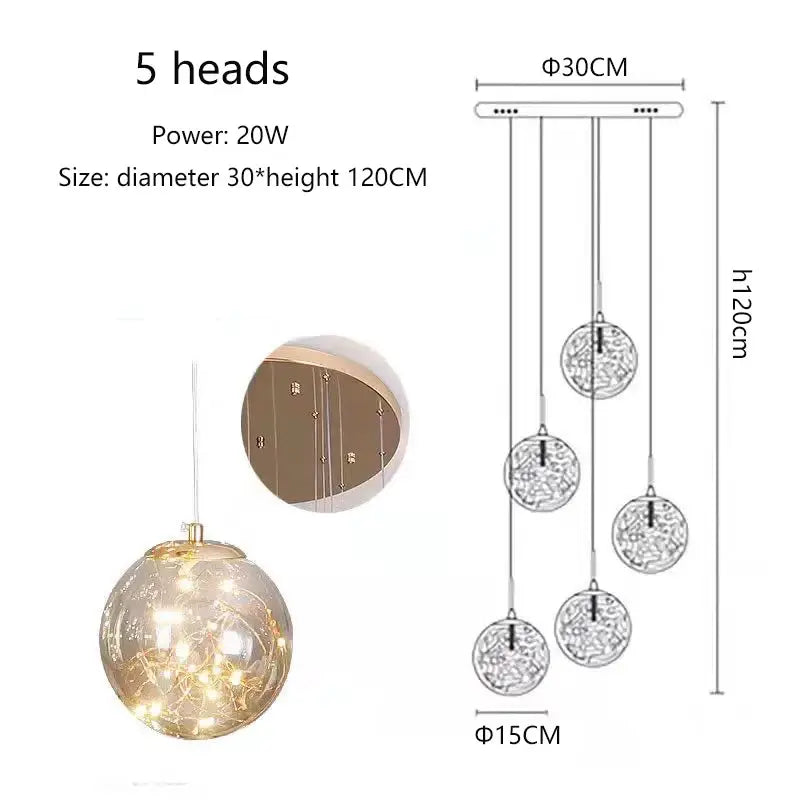 Modern Glass Ball Dimmable Chandelier for Staircase - 5 heads / Golden / Amber - Home &