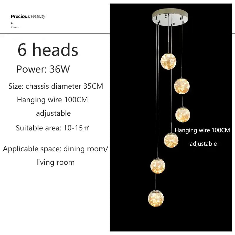 Modern Glass Ball Dimmable Chandelier for Staircase - 6 heads / Silver / Transparent