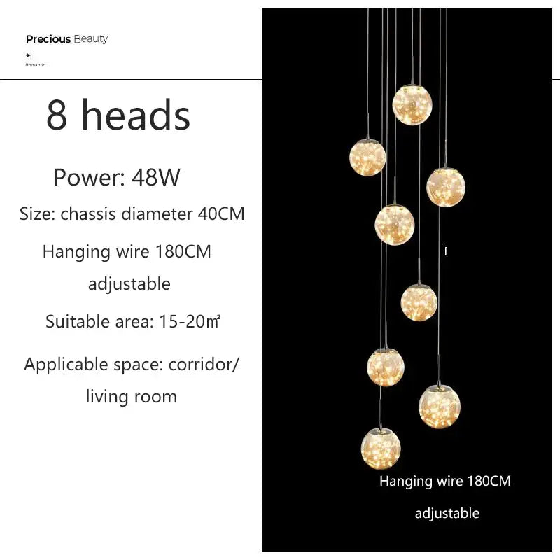 Modern Glass Ball Dimmable Chandelier for Staircase - 8 heads / Silver / Soot - Home &