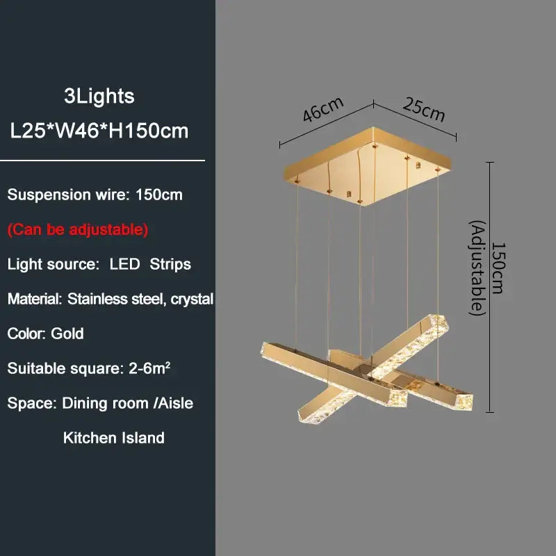 Modern Gold Rectangle Crystal Chandelier for Dining Kitchen - 3 lights - / NON - Dimm