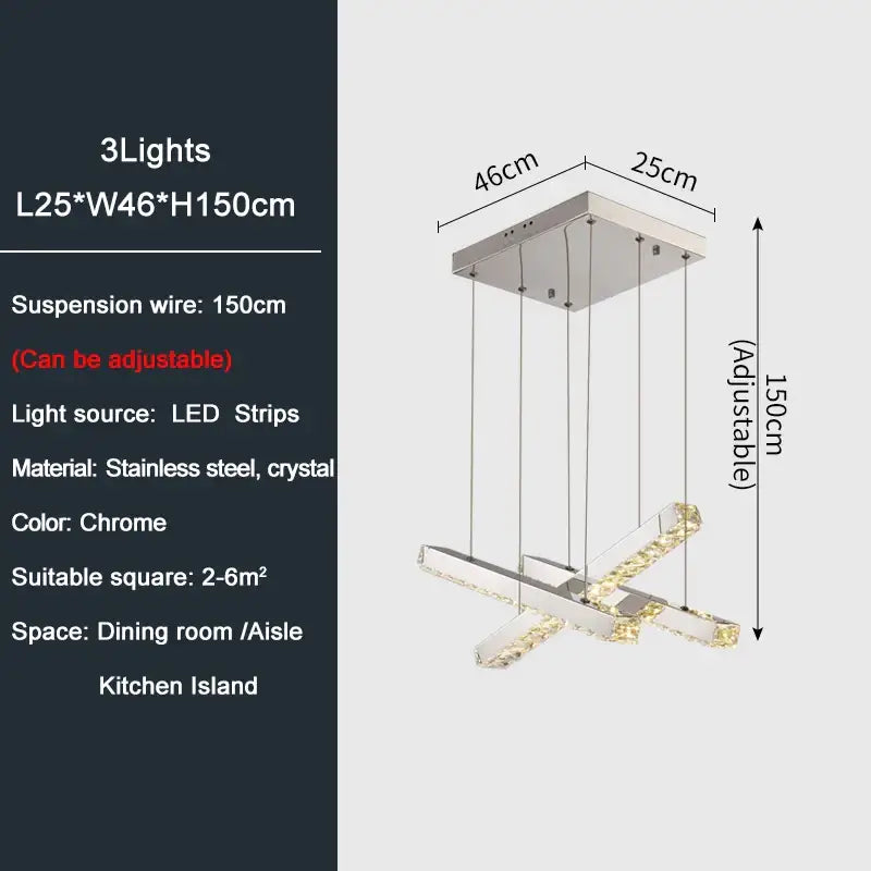 Modern Gold Rectangle Crystal Chandelier for Dining Kitchen - 3 lights - Silver / NON