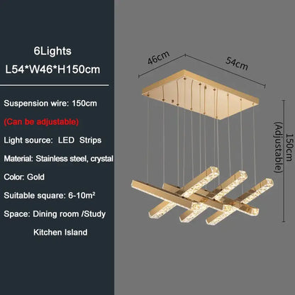 Modern Gold Rectangle Crystal Chandelier for Dining Kitchen - 6 lights - / NON - Dimm