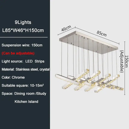 Modern Gold Rectangle Crystal Chandelier for Dining Kitchen - 9 lights - Silver / NON