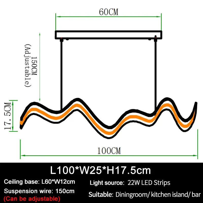 Modern Hanging Wave LED Chandelier for Dining Kitchen Bar - L100xW25xH17cm / NON dimm