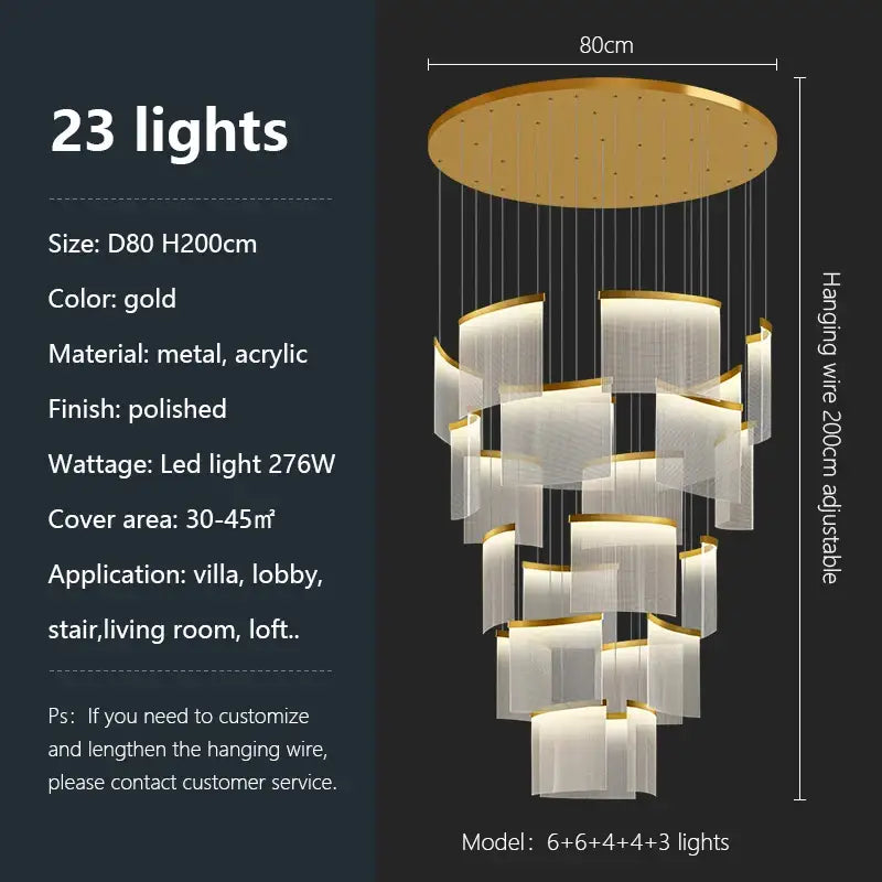 Modern Luxury Acrylic LED Chandelier - gold-23 lights / warm light(3000K) - Home & Garden