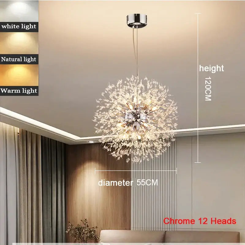 Modern Nordic Crystal Dandelion Chandelier - Chrome 12 Heads 55CM / Warm White - Home &