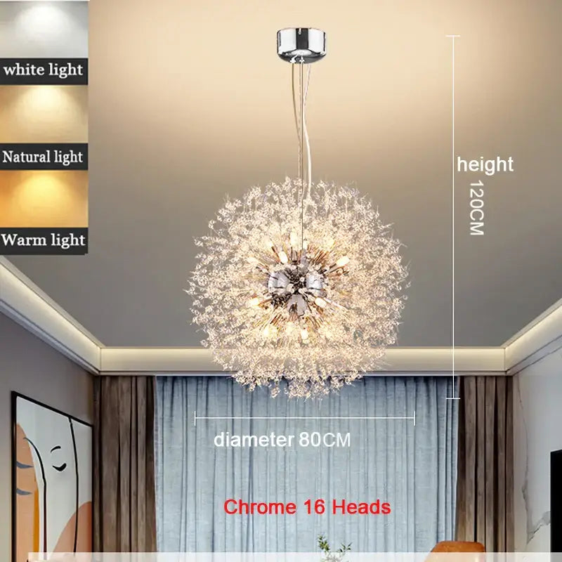 Modern Nordic Crystal Dandelion Chandelier - Chrome 16 Heads 80CM / Warm White - Home &