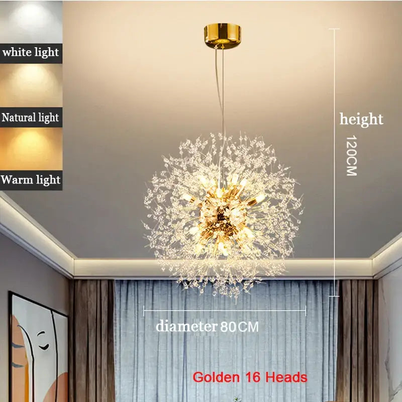 Modern Nordic Crystal Dandelion Chandelier - Golden 16 Heads 80CM / Warm White - Home &