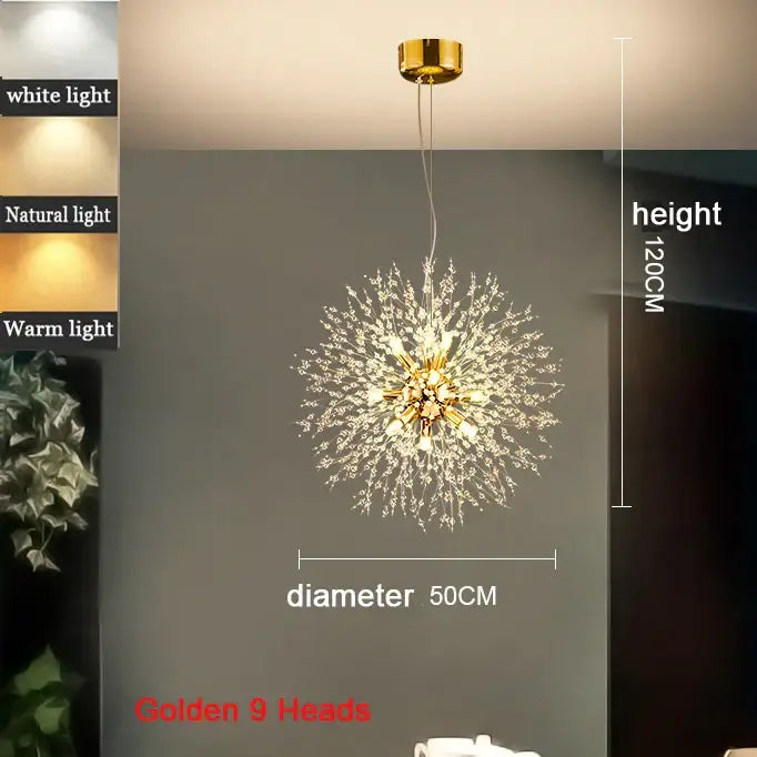 Modern Nordic Crystal Dandelion Chandelier - Golden 9 Heads 50CM / Warm White - Home &