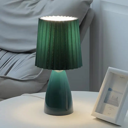 Pleated Fabrics Glass Base USB Dimmable Table Lamp - Green - Lighting > & Floor Lamps