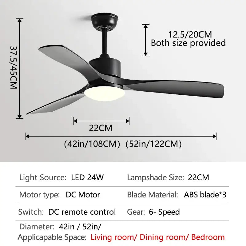 Simple DC Motor Ceiling Fan with Light for Living,Restaurant - Pure black / 42inch / 110V