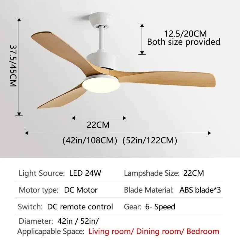 Simple DC Motor Ceiling Fan with Light for Living,Restaurant - White-wood grain / 42inch