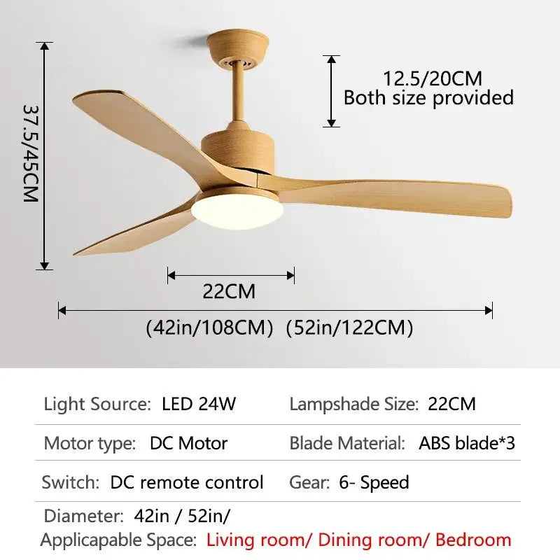 Simple DC Motor Ceiling Fan with Light for Living,Restaurant - Whole wood grain / 42inch