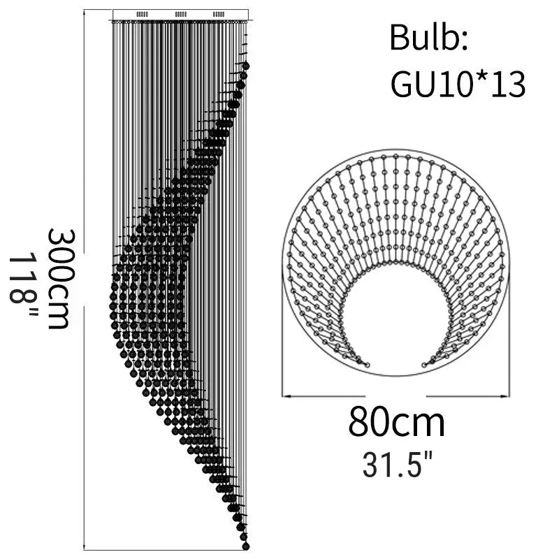 Spiral Moon Chandelier for Duplex Staircase Lobby Hall Stairwell - D31.5*H118’ / Warm